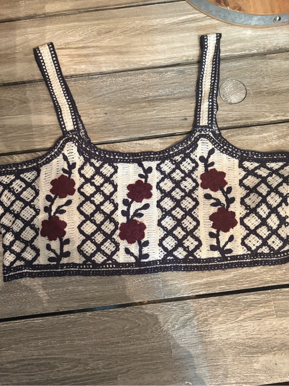 Cupshe Cream Crochet Crop Top with Burgundy Floral Embroidery NWOT